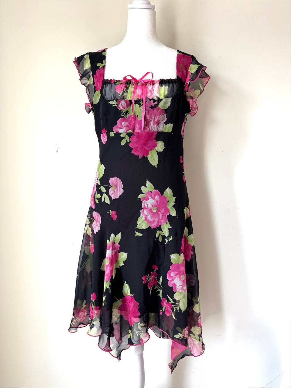 Speechless Vintage Black pink Floral Handkerchief Hem Dress Y2K Fairy